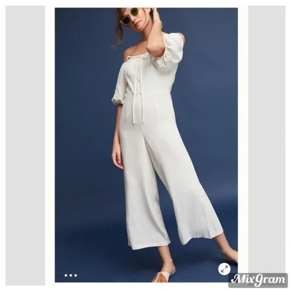 Anthropologie lace front beach ivory wide leg crop jumpsuit